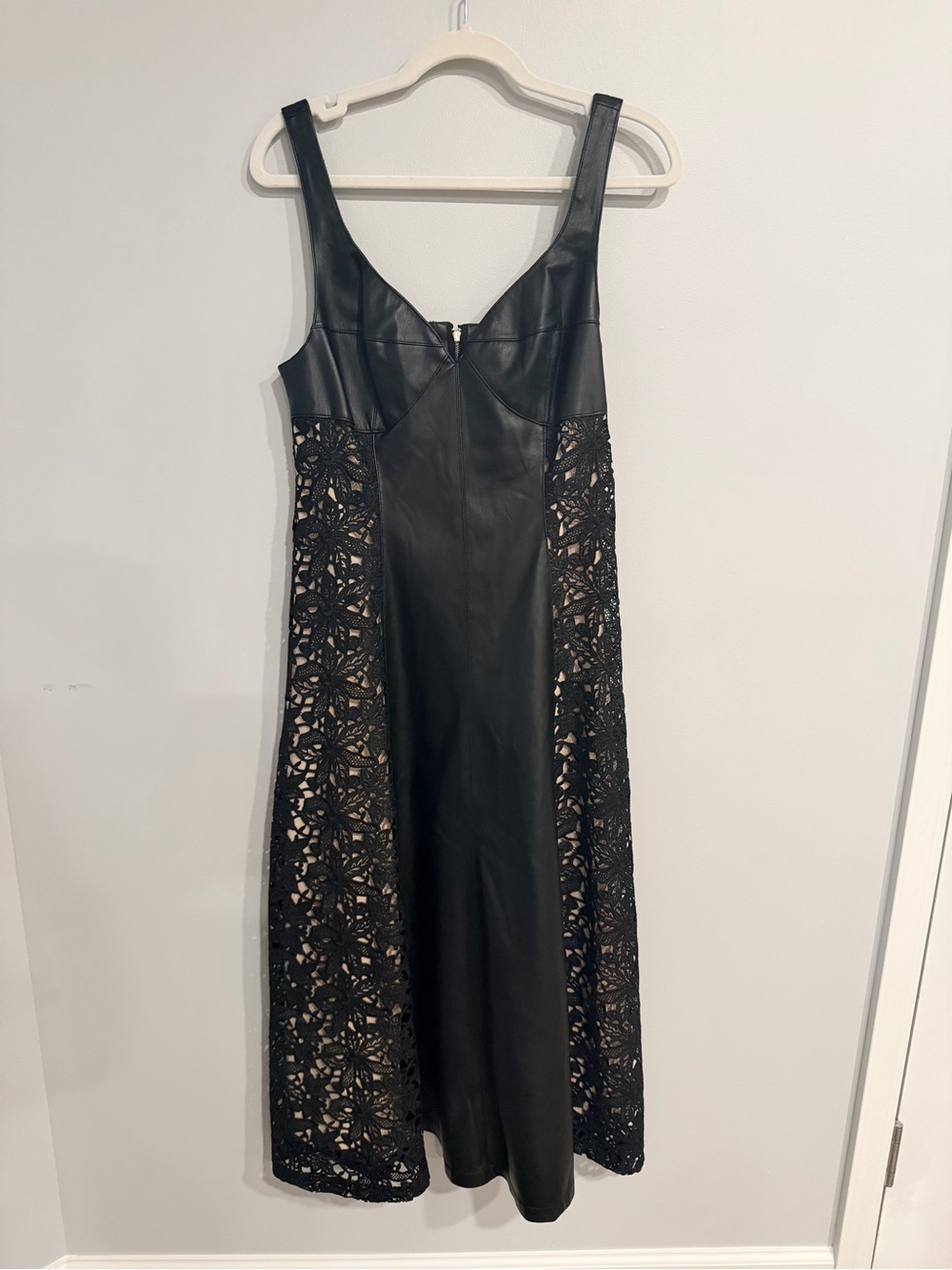 By Anthropologie Faux Leather Lace Midi Dress Black Nude Size 6